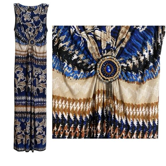 R&M Richards Southwestern Maxi Dress Blue Tan Size 6 A-Line Stretch Travel Soft - Picture 1 of 12